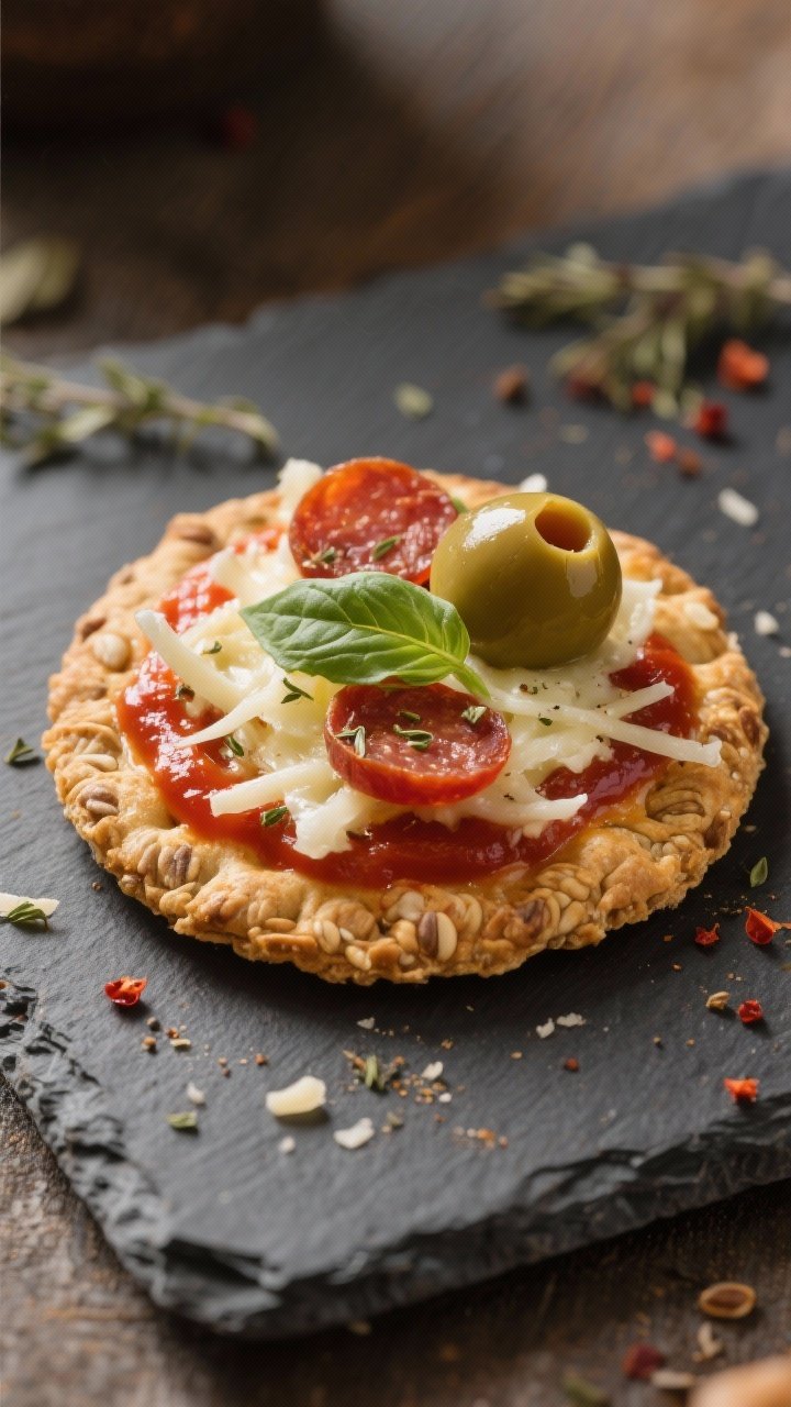 Close-up detail of a single “assembled” cracker pizza: golden-brown multigrain cracker topped wi