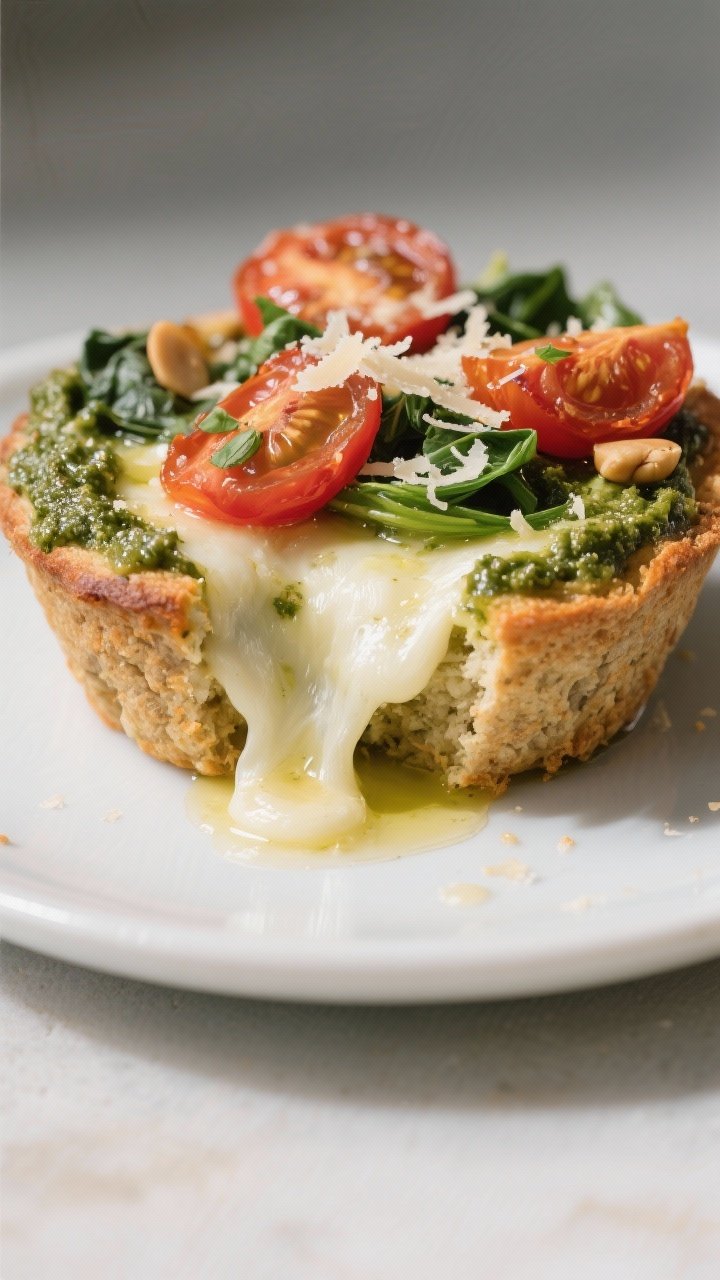 Close-up detail of one finished muffin pizza on a small matte white plate: ultra-gooey mozzarella pu