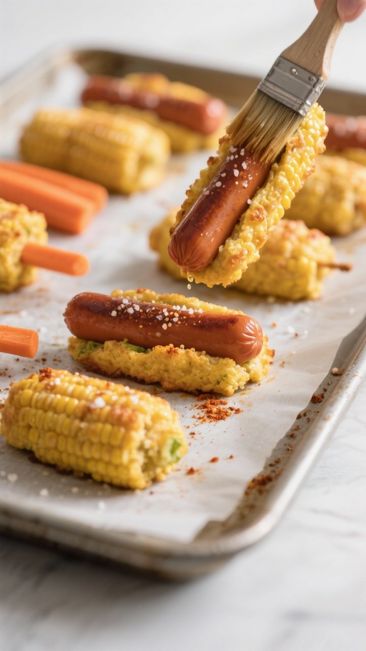 Close-up detail: Oven-baked veggie “corn dog” bites just flipped at the 7-minute mark on a parch