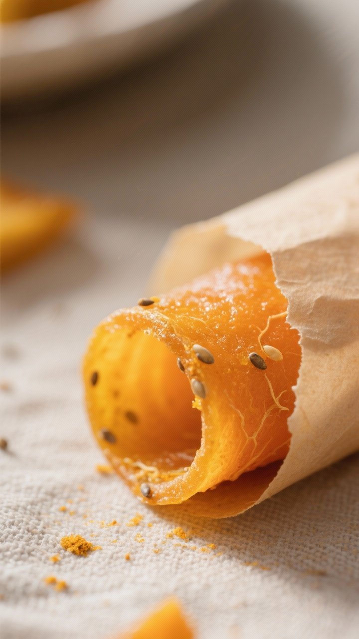 Close-up detail, : Perfectly dehydrated “Mango-Carrot Sunrise” fruit roll, partially peeled from