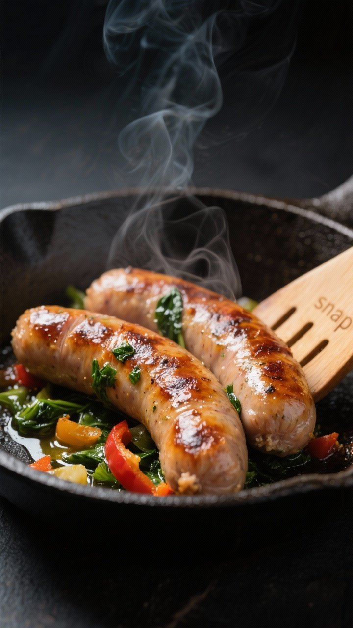 Close-up detail: Searing chicken sausage with hidden veggies in a cast-iron skillet, deep golden-bro