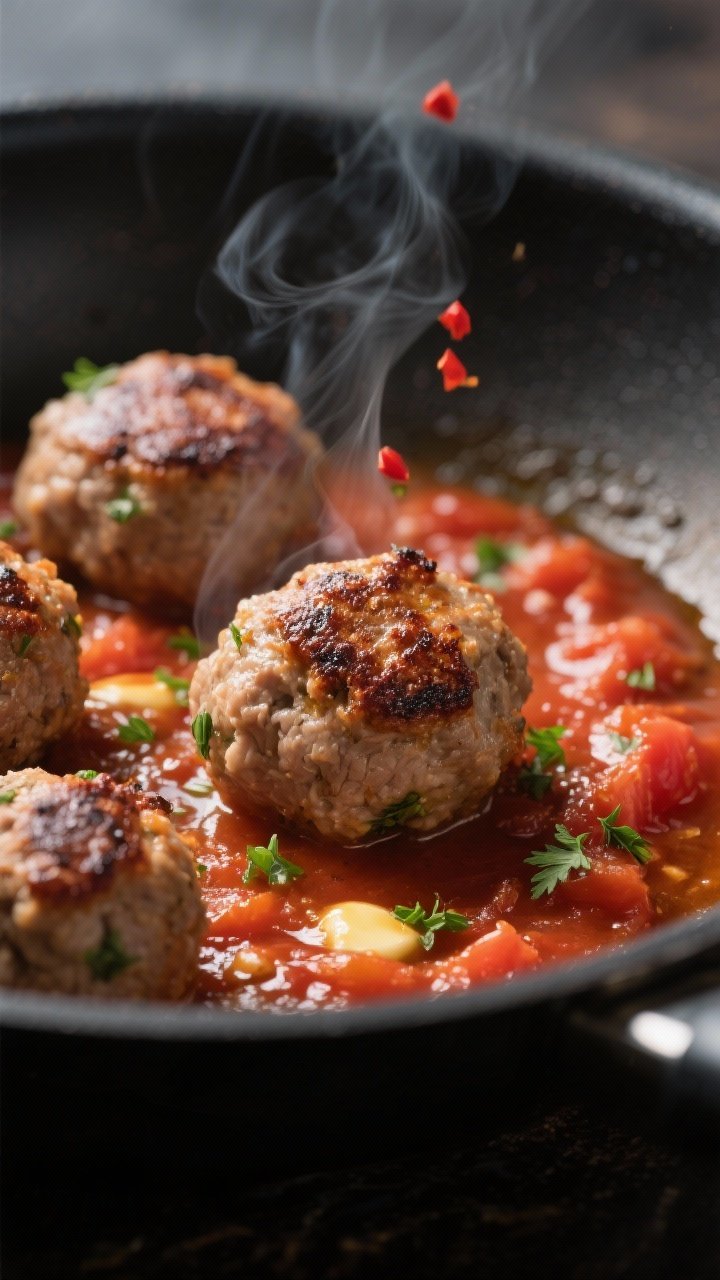 Close-up detail: Searing turkey meatballs in a hot skillet, deeply browned crust with rendered caram