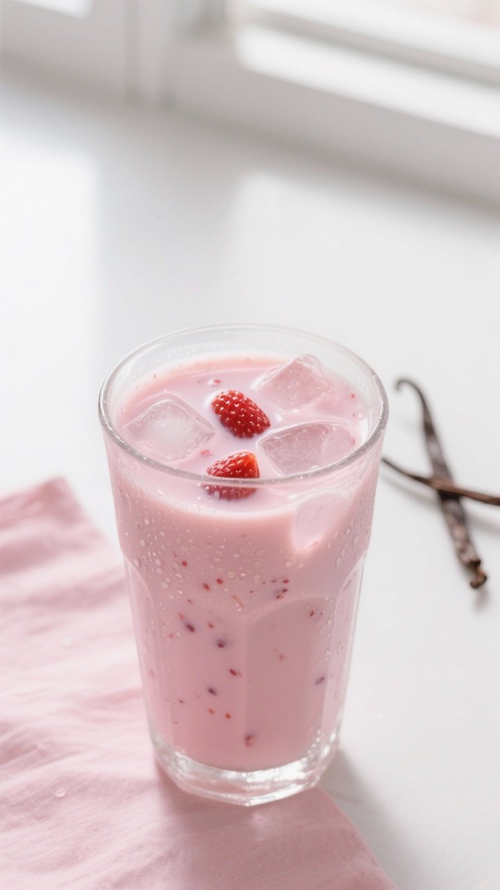 Close-up detail shot: A chilled glass of fresh strawberry milk with a silky, blush-pink hue and tiny