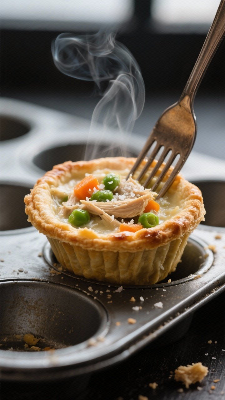 Close-up detail shot: A just-baked mini chicken pot pie cup lifted from a metal muffin tin, steam cu