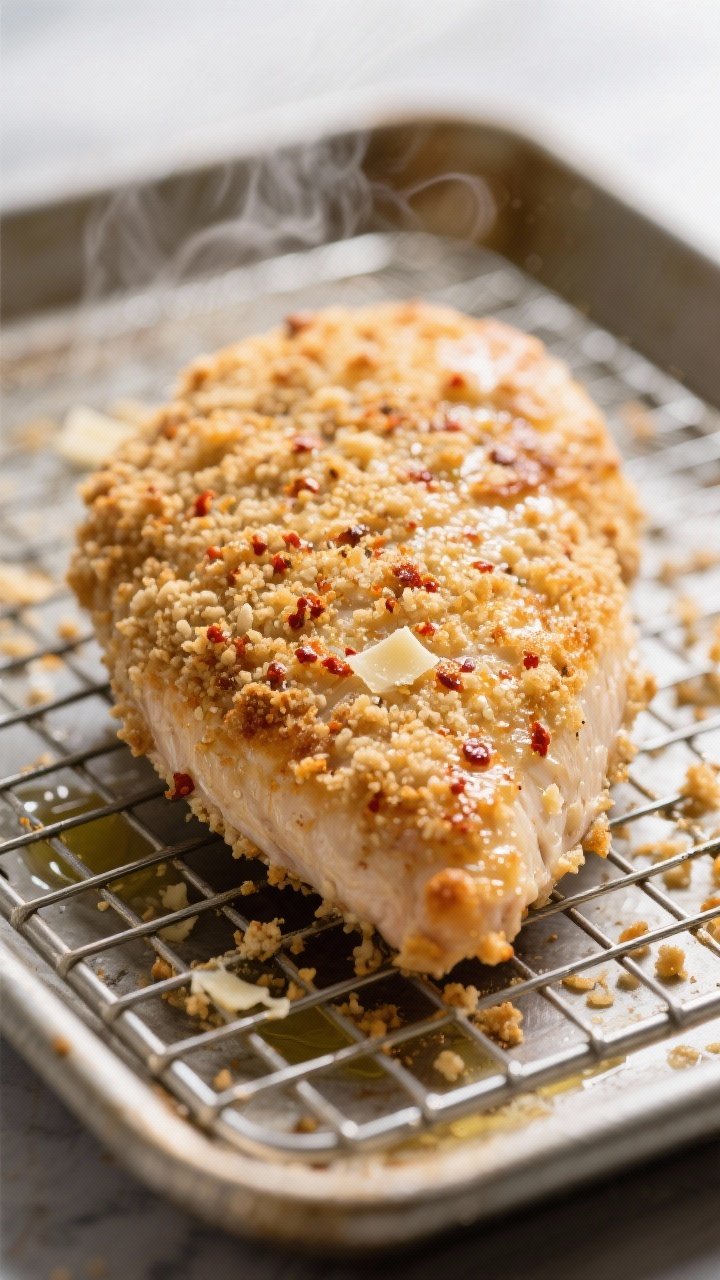 Close-up detail shot: A just-baked, oven-crisped chicken breast on a wire rack over a rimmed sheet p