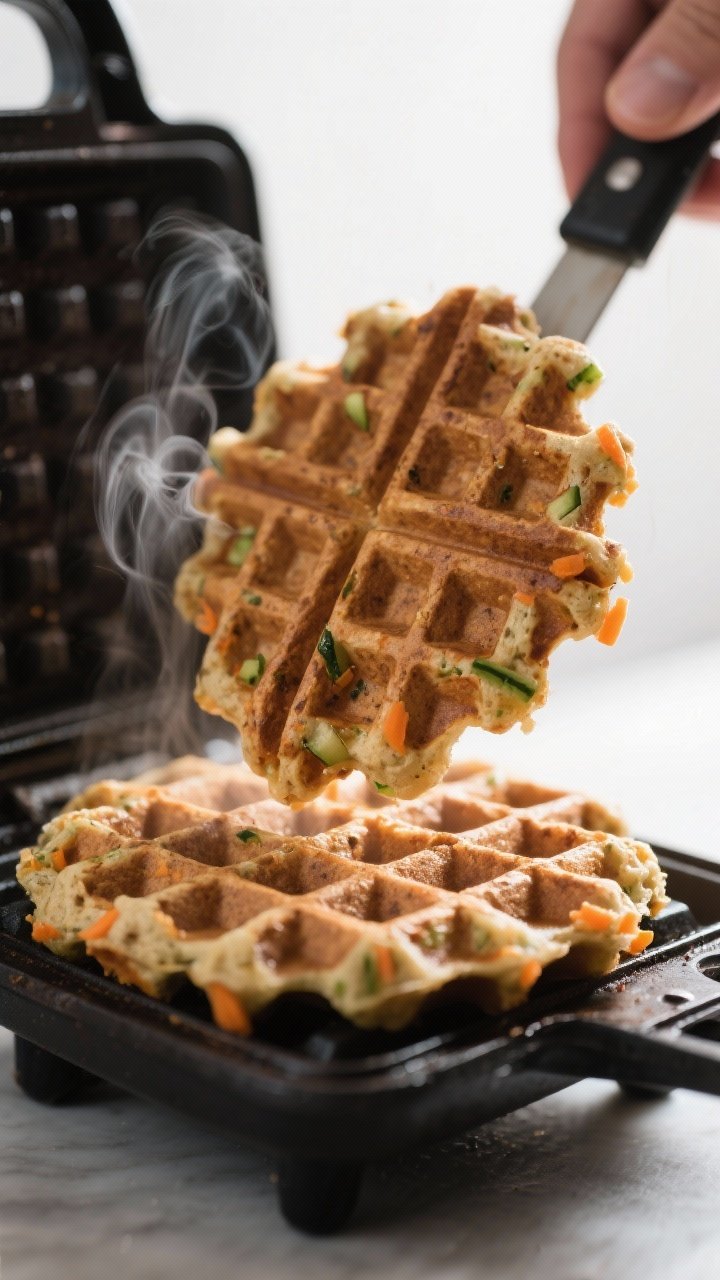Close-up detail shot: A just-cooked whole wheat waffle being lifted from a hot waffle iron, deeply g