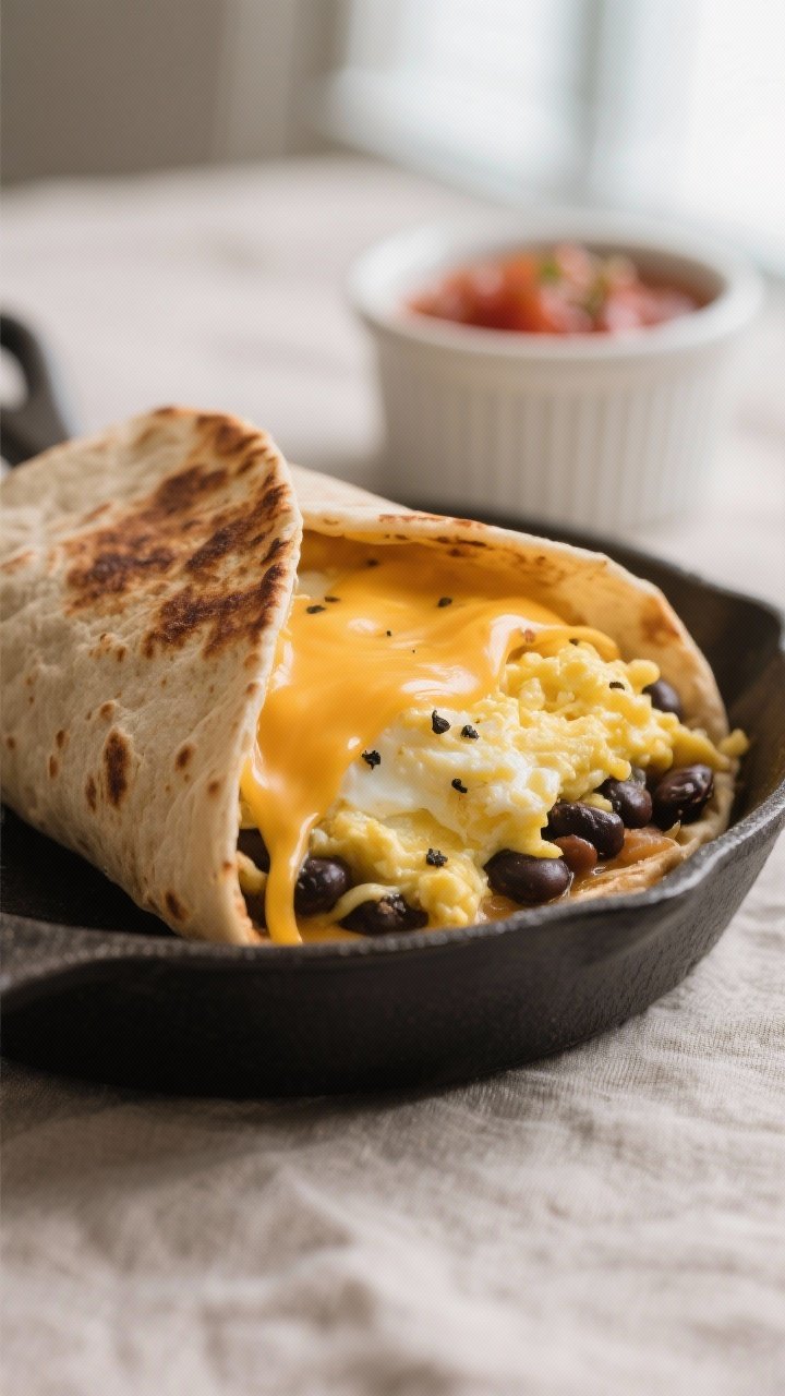 Close-up detail shot: A just-toasted breakfast burrito cut on a diagonal, seam-side crisped to a gol