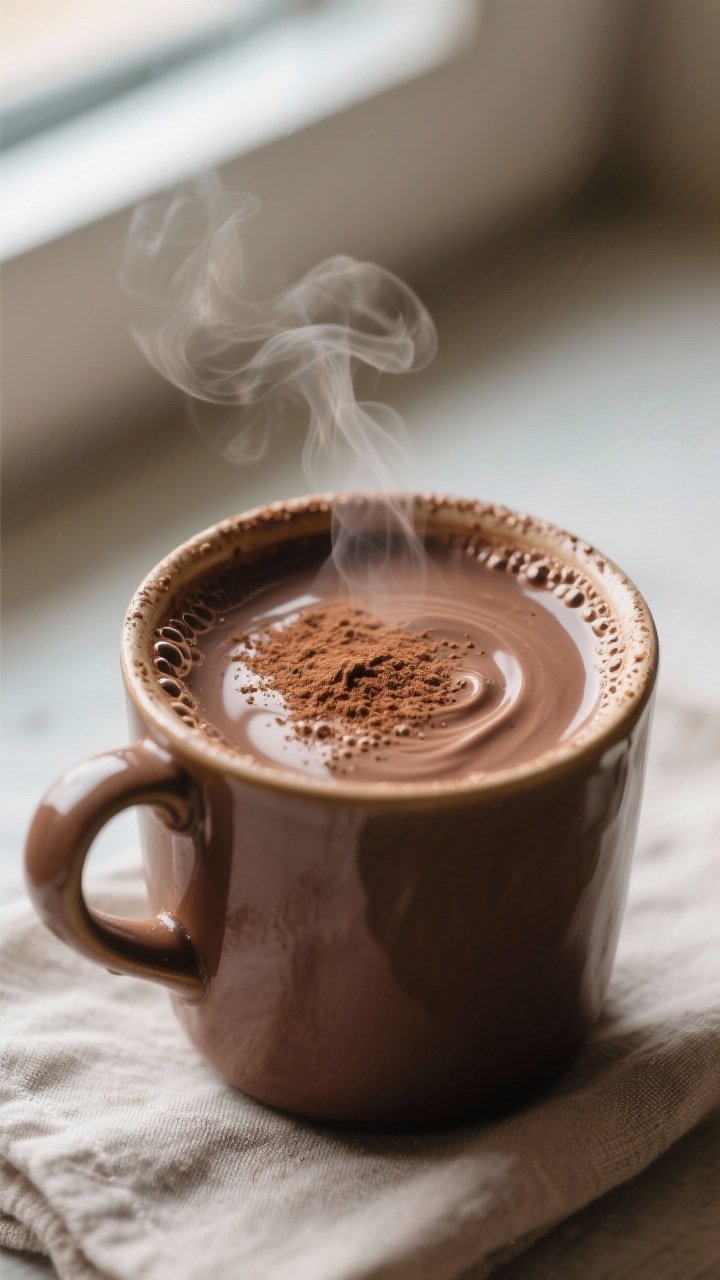 Close-up detail shot: A steaming mug of real-deal hot chocolate just off the stove, silky microfoam