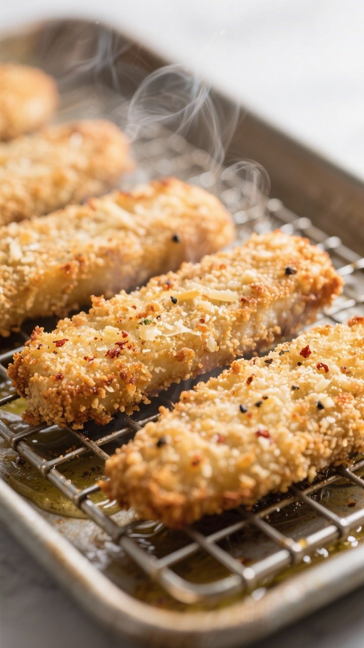 Close-up detail shot: Crispy baked fish fingers just out of the oven on a wire rack over a sheet pan