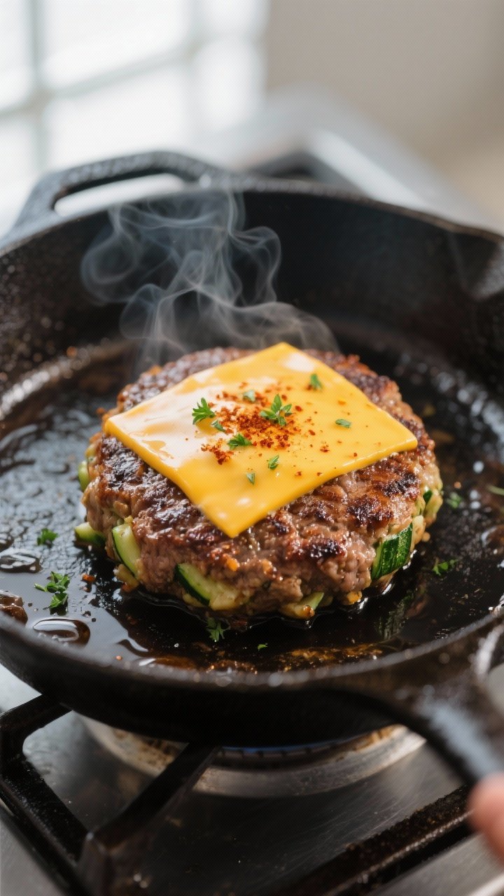 Close-up detail shot: Juicy zucchini-beef burger patty sizzling in a cast-iron skillet, deep golden-