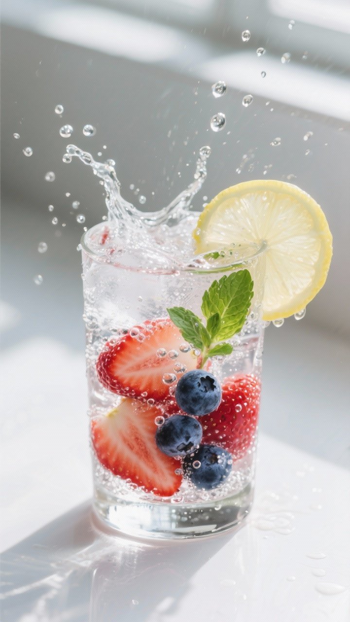 Close-up detail shot of a chilled glass of Sparkling Berry Infused Water just after bubbles are adde
