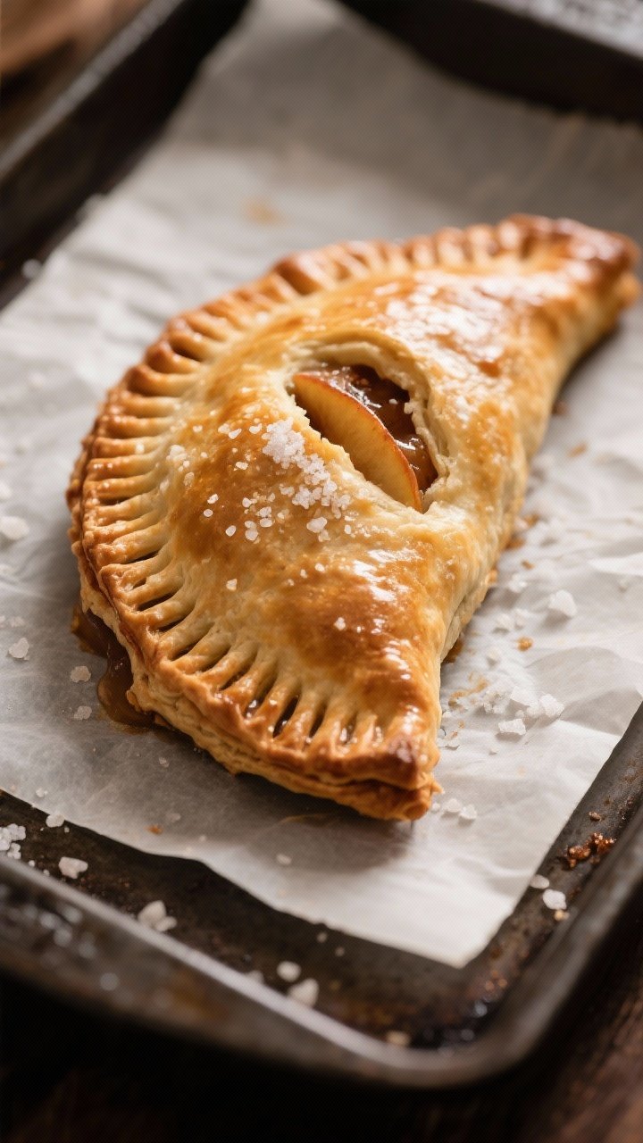Close-up detail shot of a freshly baked apple pie turnover just out of the oven, golden-brown whole-