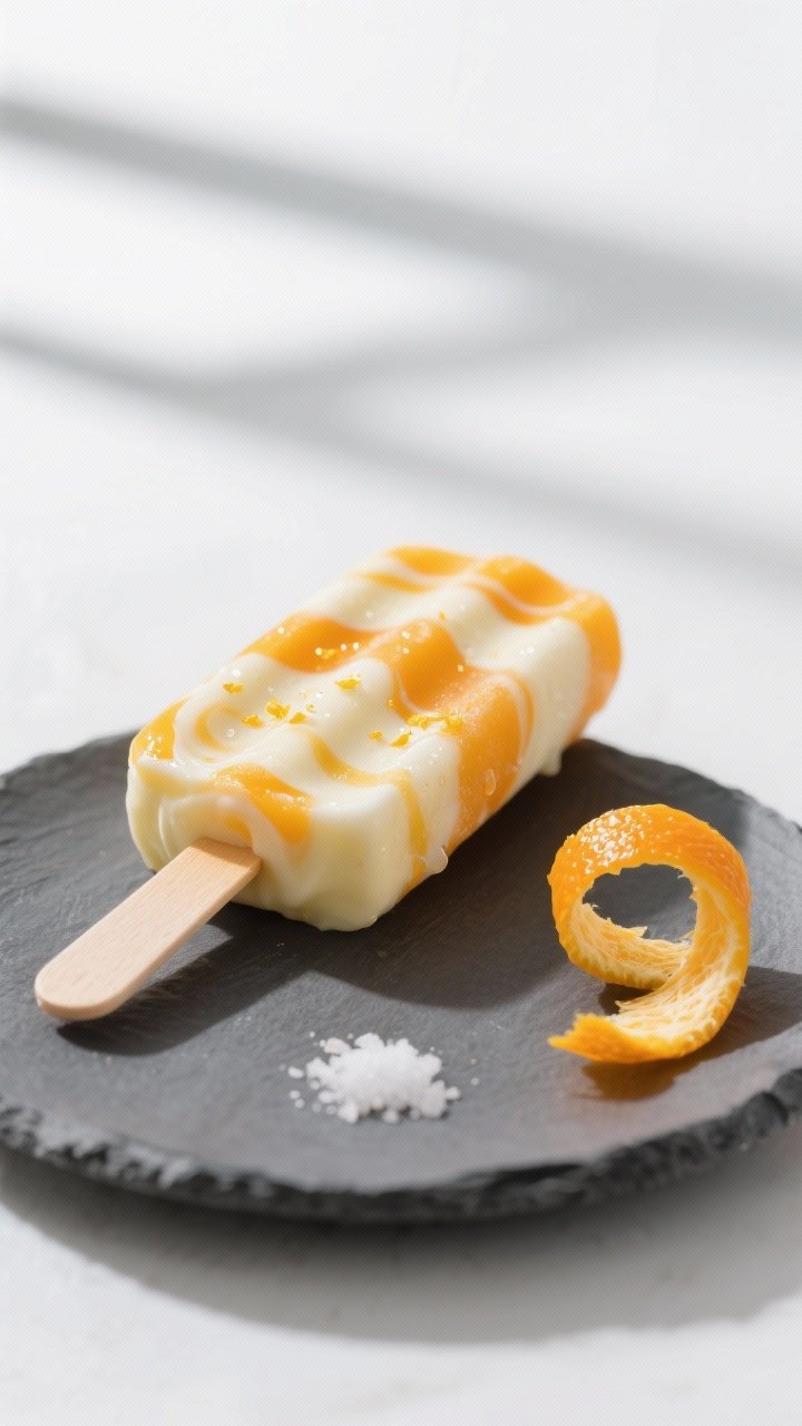 Close-up detail shot of an unmolded Orange–Mango Creamsicle pop with creamy vanilla–yogurt swirl
