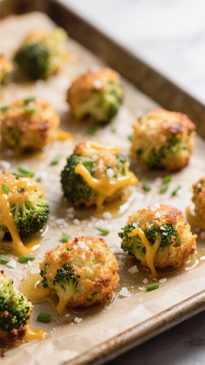 Close-up detail shot of freshly baked broccoli tots just out of the oven on a parchment-lined sheet 
