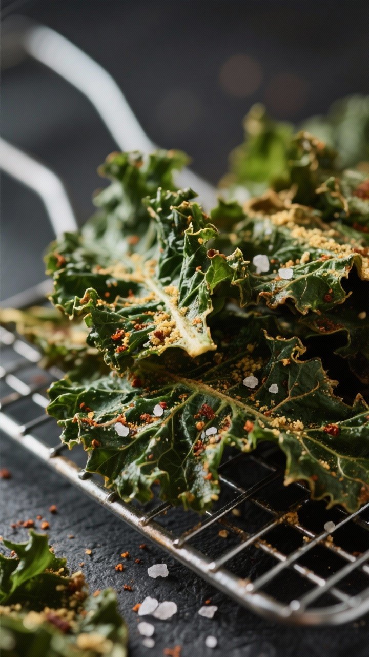 Close-up detail shot: Ultra-crisp air-fryer kale chips just out of the basket, stacked lightly on a 