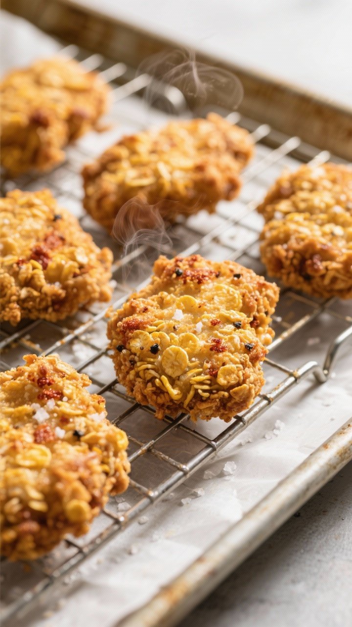 Close-up detail shot: Ultra-crispy baked chicken nuggets fresh from the oven on a wire rack set over