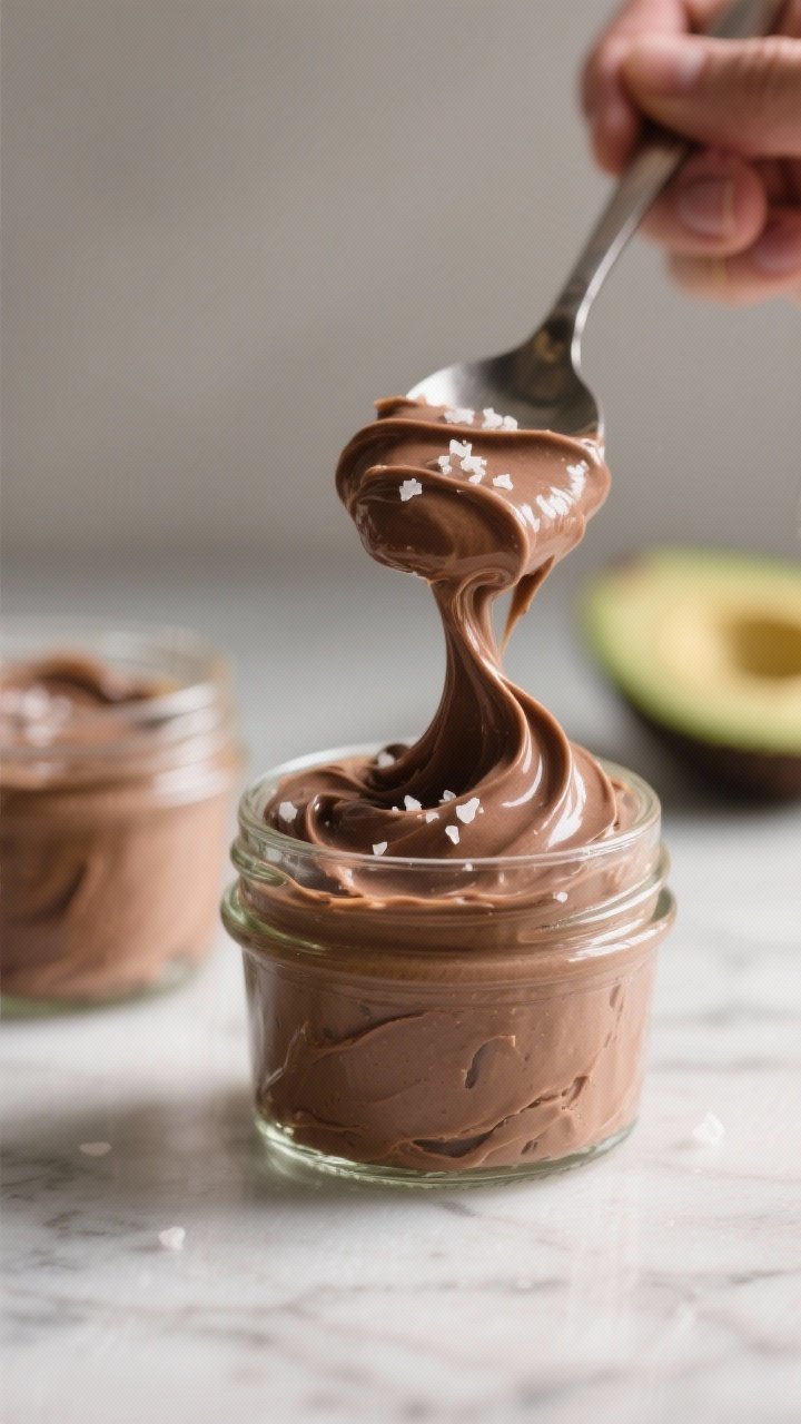 Close-up detail: Silky avocado chocolate mousse just after blending, being spooned into small glass