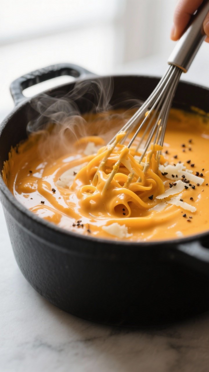 Close-up detail: Silky butternut squash cheese sauce being whisked off-heat in a matte-black Dutch o