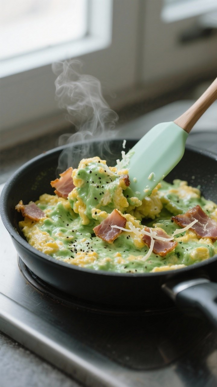 Close-up detail: Silky green egg scramble folded with crispy browned lean ham edges and melting Parm