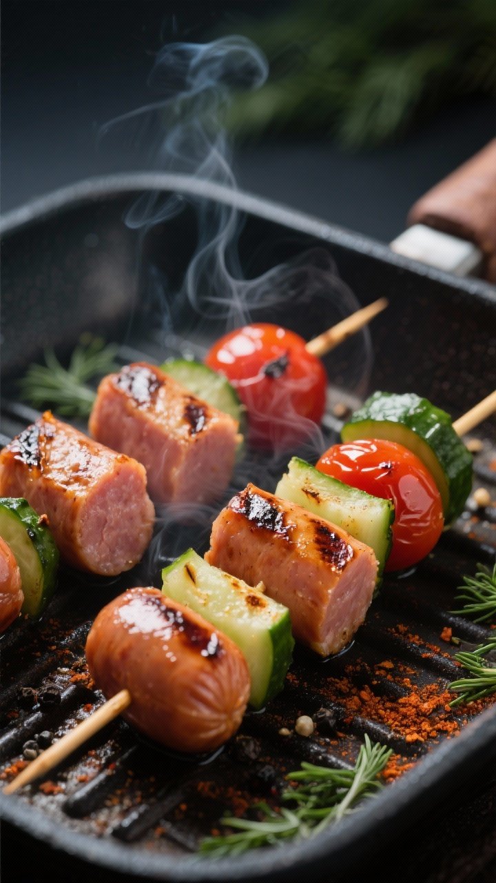 Close-up detail: Sizzling bun-less hot dog skewers on a grill pan, lean hot dog chunks bronzed with