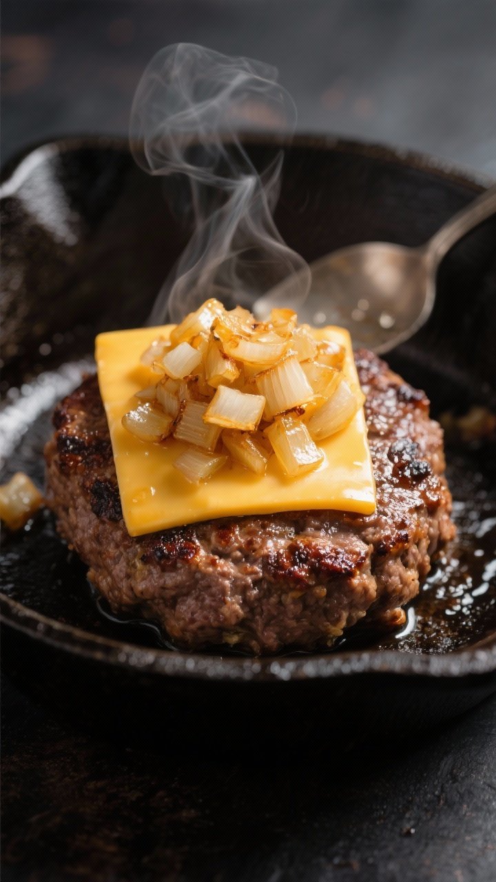 Close-up detail: Smashed beef slider patty in a hot cast-iron skillet, edges deeply caramelized and