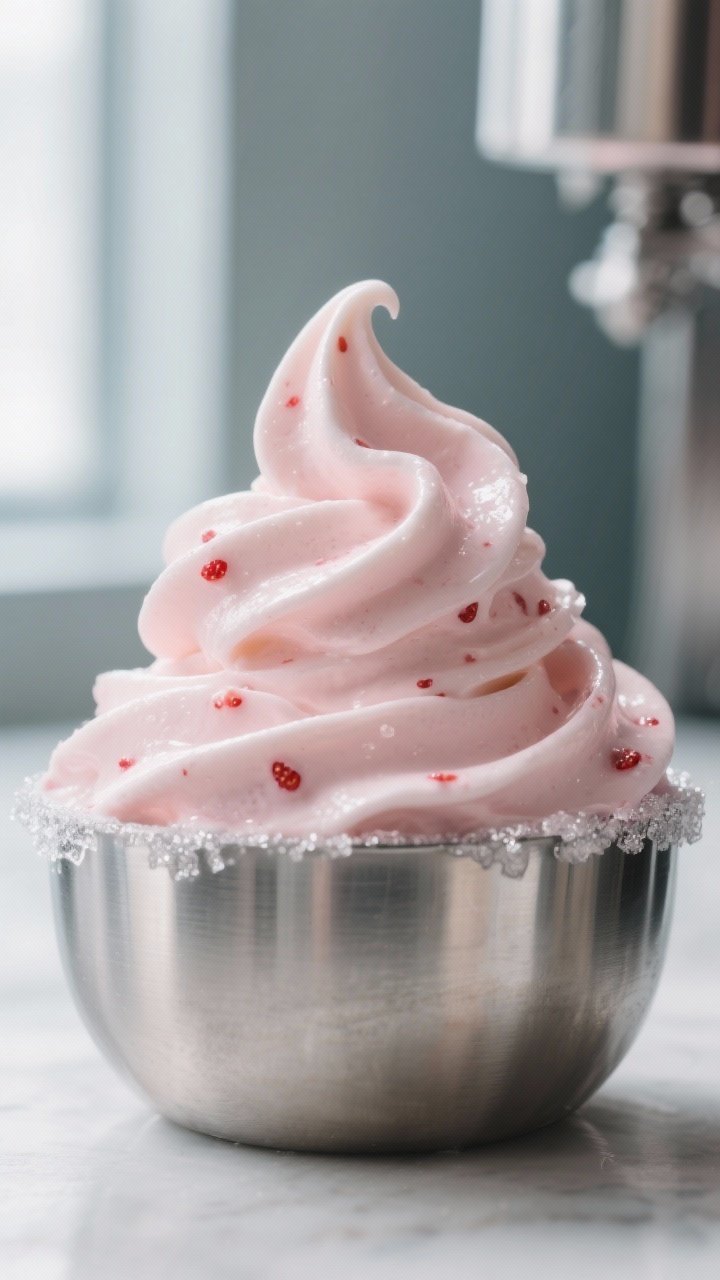 Close-up detail: Strawberry Greek frozen yogurt just churned to soft-serve consistency, silky swirls
