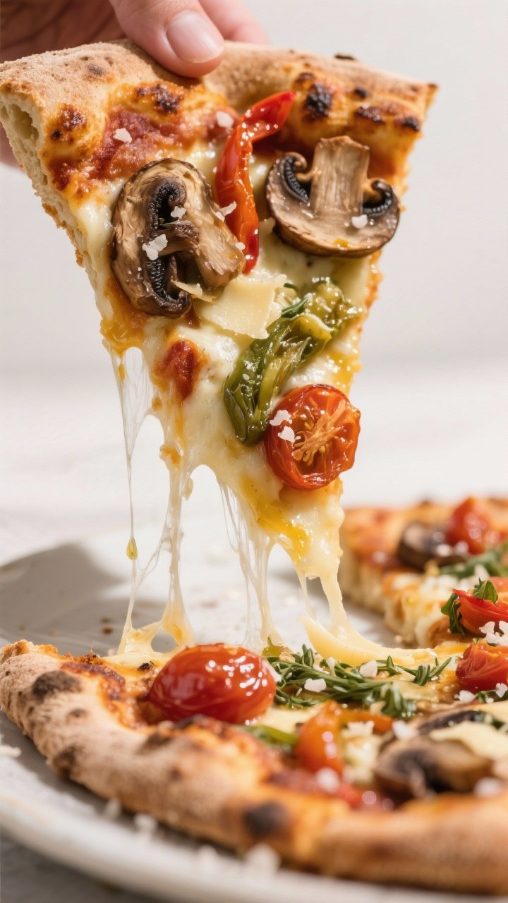 Close-up detail, texture and cheese pull: Extreme close-up of a sliced piece of veggie pizza being l