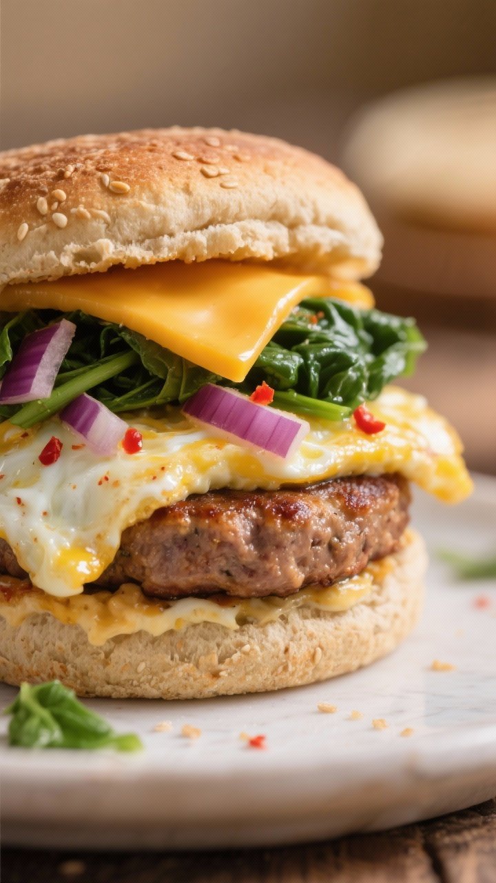 Close-up detail – the egg-and-veg layer folded soft and just-set, showcasing glossy curds with fle