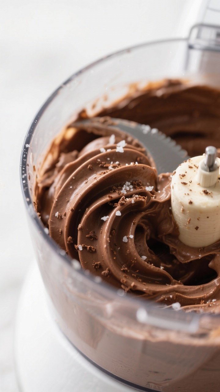 Close-up detail: Thick, creamy chocolate banana nice cream being blended to soft-serve texture in a