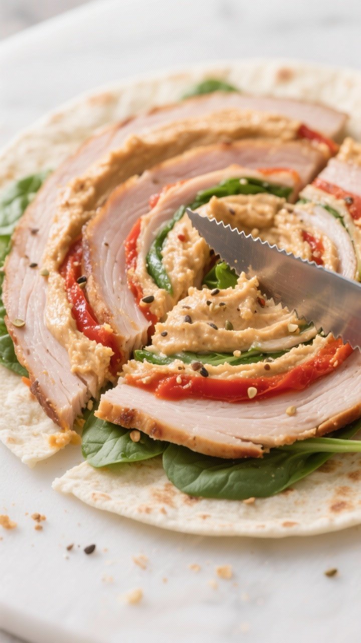 Close-up detail: Tight, macro shot of a just-sliced turkey and hummus pinwheel showing the clean spi