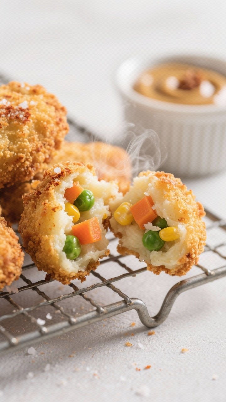 Close-up detail: Ultra-close shot of freshly air-fried veggie nuggets cracked open to reveal colorfu