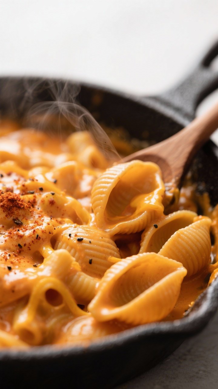 Close-up detail: Ultra-creamy sweet potato mac and cheese sauce clinging to ridged pasta shells in a