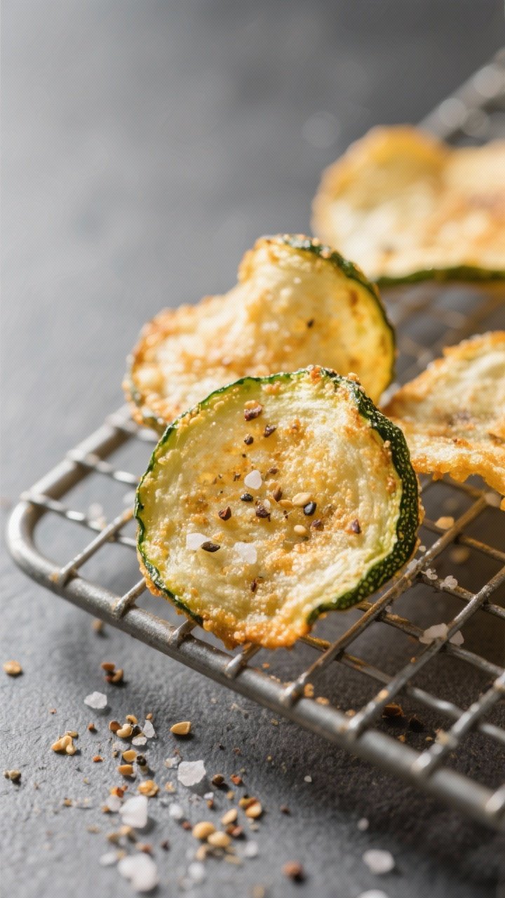 Close-up detail: Ultra-crispy air-fried zucchini chips fresh off the rack, wafer-thin with bubbled, 