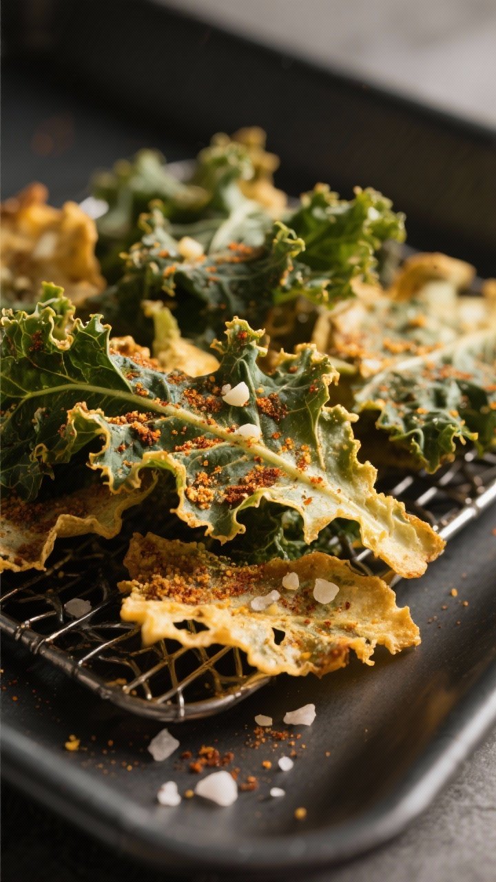 Close-up detail: Ultra-crispy air-fryer kale chips just out of the basket, shatter-thin ruffled edge