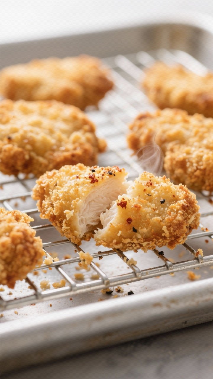 Close-up detail: Ultra-crispy baked chicken nuggets just out of the oven on a wire rack, golden pank
