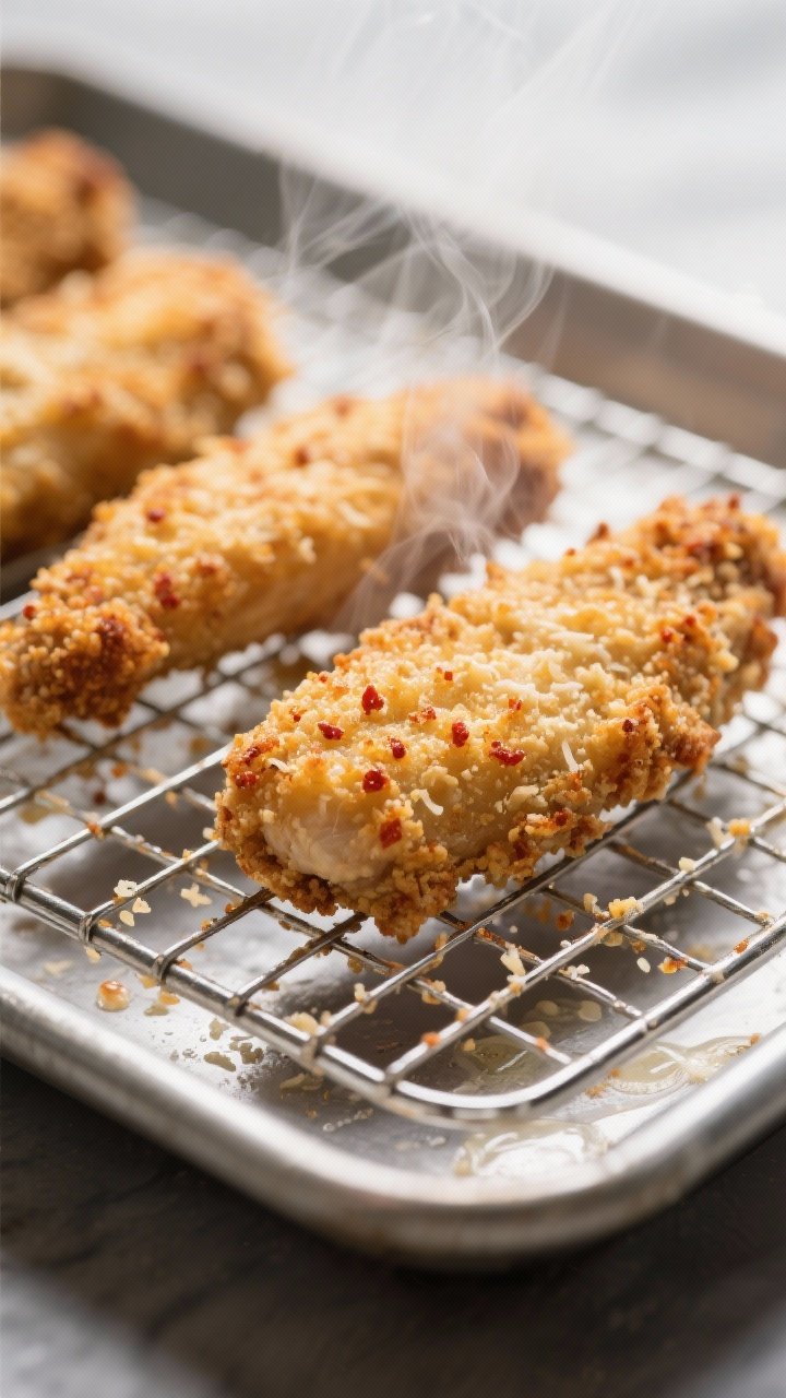 Close-up detail: Ultra-crispy baked chicken tenders resting on a lightly oiled wire rack over a shee