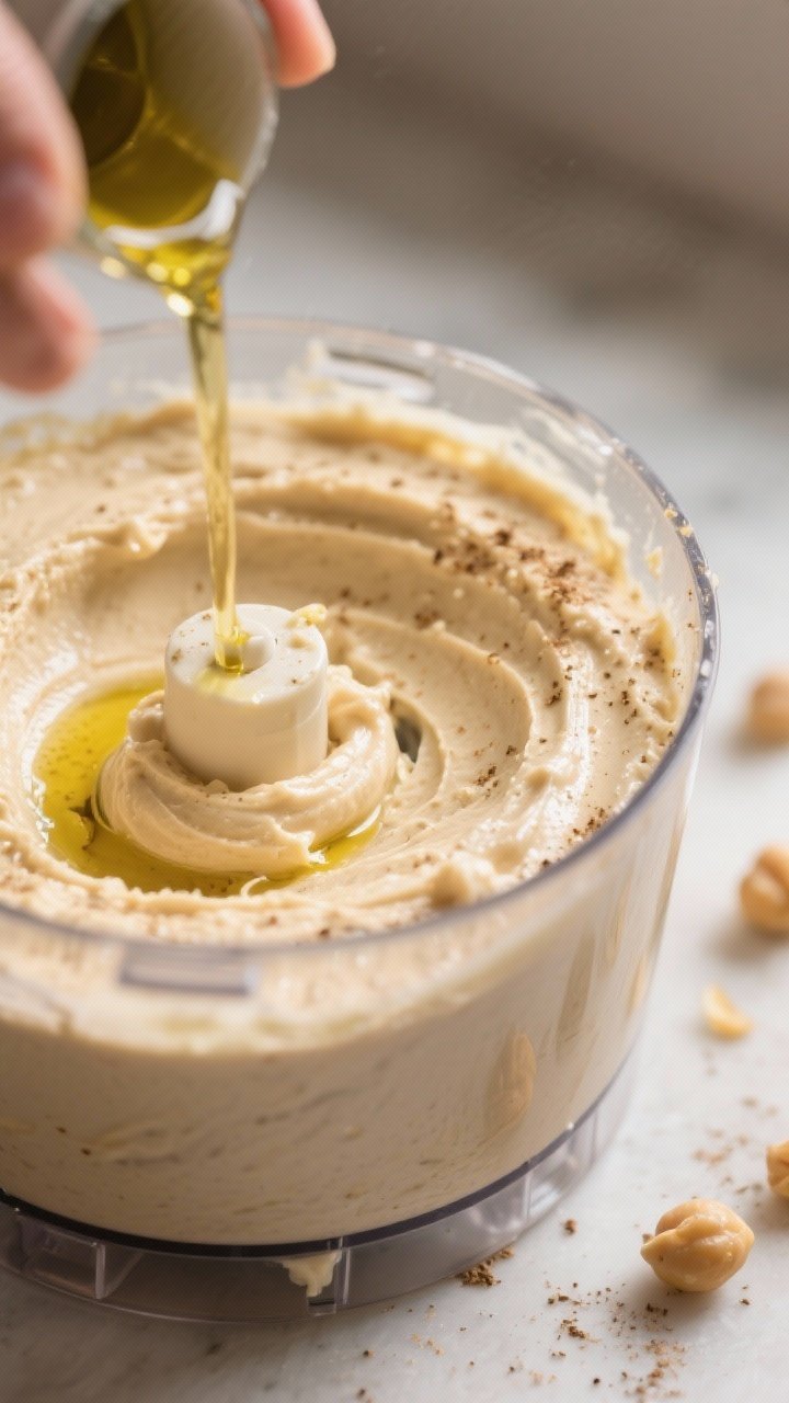 Close-up detail: Ultra-smooth homemade hummus mid-blend in a food processor, showing a pale, whipped