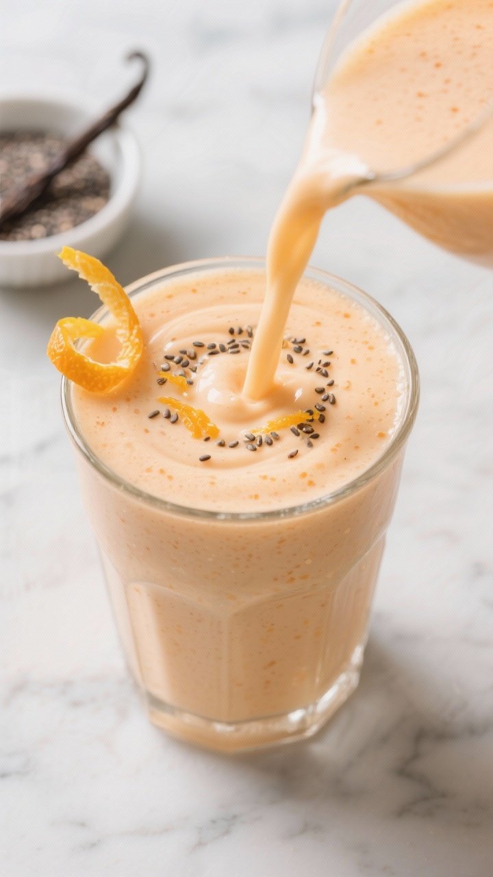 Close-up detail: Ultra-smooth Orange Creamsicle Smoothie mid-pour into a chilled clear glass, creamy