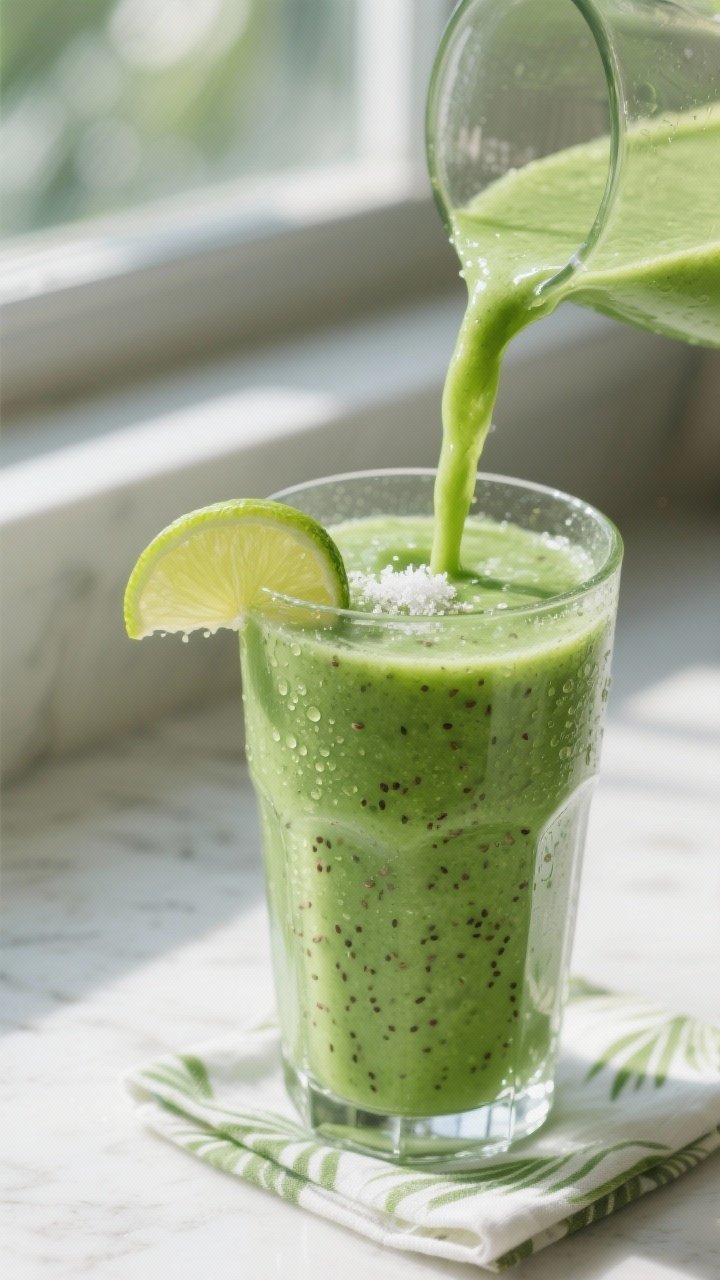 Close-up detail: Vivid green “Magic Potion” smoothie mid-blend stream pouring into a chilled cle