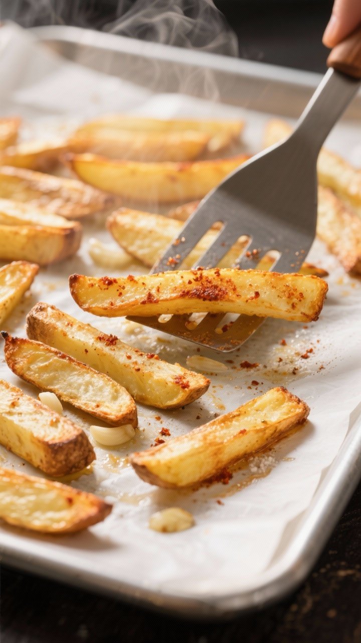 Close-up process shot: Oven-baked russet fries mid-bake on a preheated parchment-lined sheet pan at 