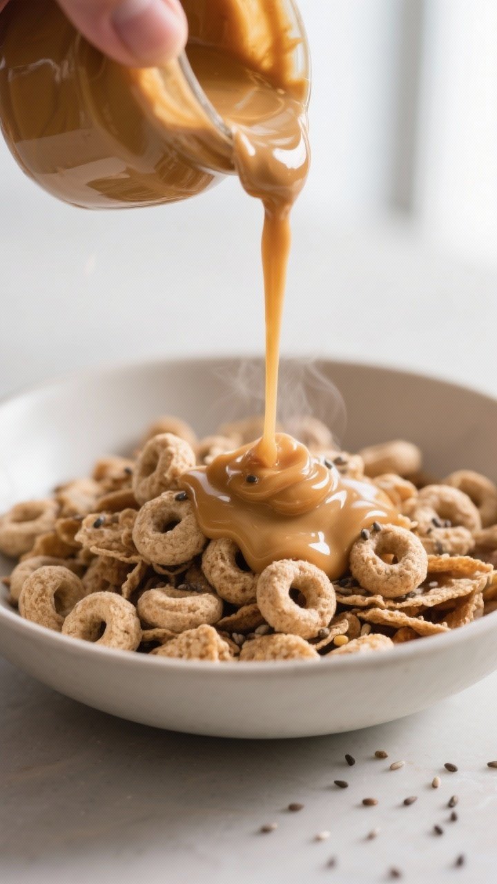 Close-up process shot: Warm, glossy peanut butter–honey mixture being poured over a bowl of mixed