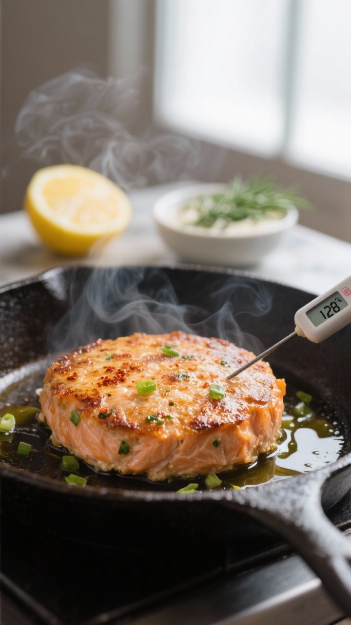 Close-up sear shot: A salmon burger patty sizzling in a cast-iron skillet, deeply golden crust with 
