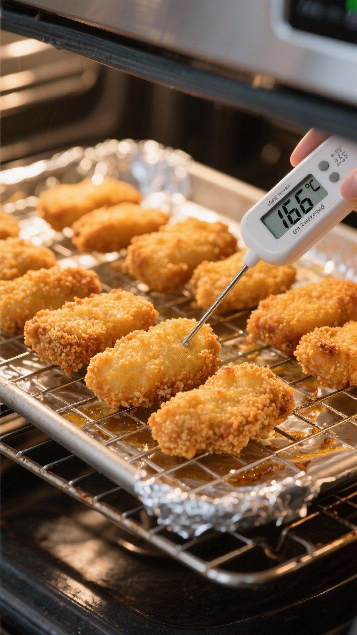 Cooking process action shot: Nuggets mid-bake on a wire rack over a foil-lined sheet pan at 425°F, 