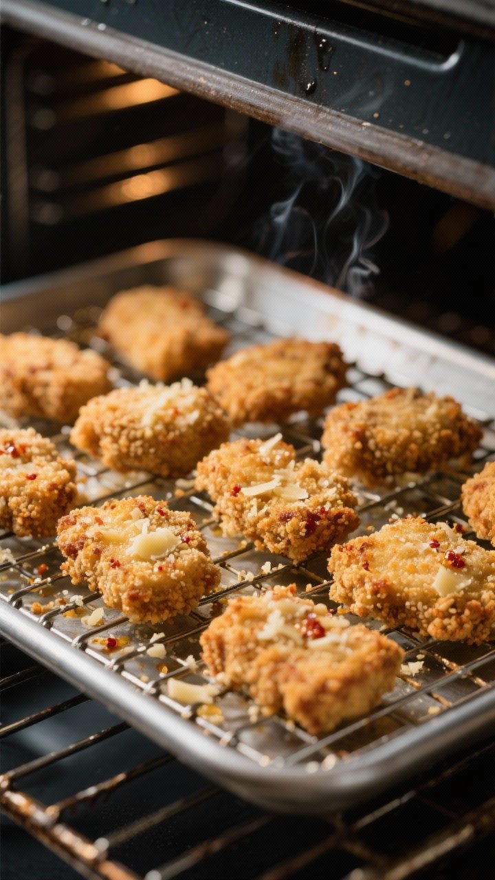 Cooking process action shot: Nuggets mid-broil for extra crunch—golden-brown, slightly blistered c