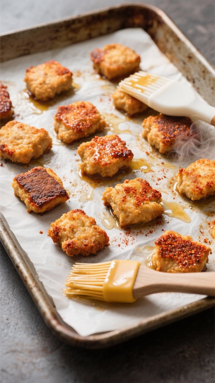 Cooking process: Baking sheet fresh from a 450°F oven, evenly spaced nuggets baked to a deep golden