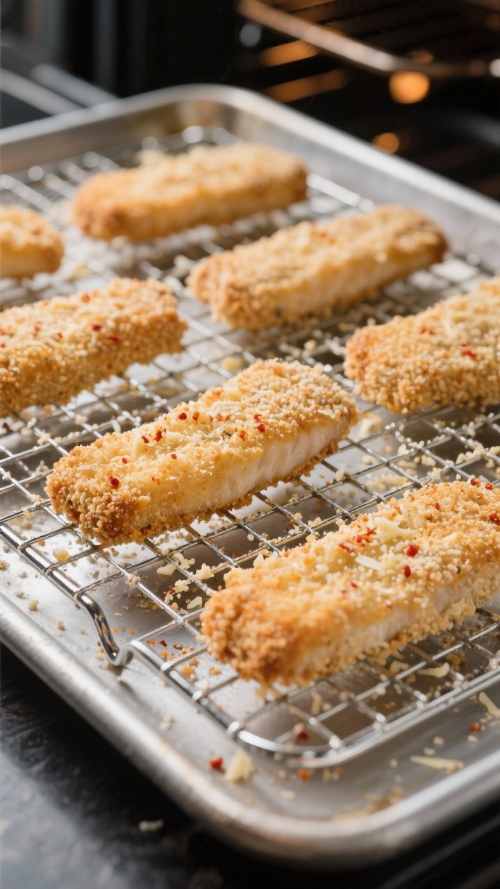 Cooking process beauty shot: Breaded fish fingers spaced apart on a lightly oiled wire rack before b