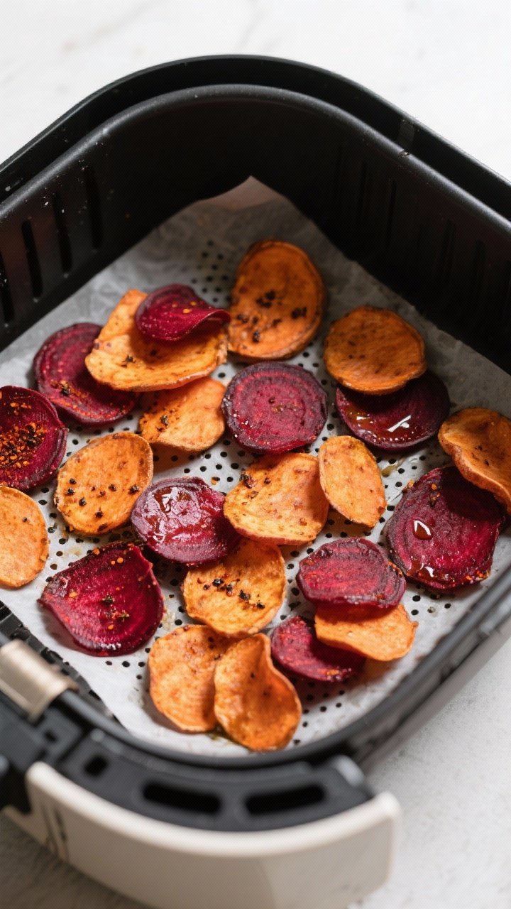 Cooking process: Beet and sweet potato chips cooking in an air-fryer basket in a single, non-overlap