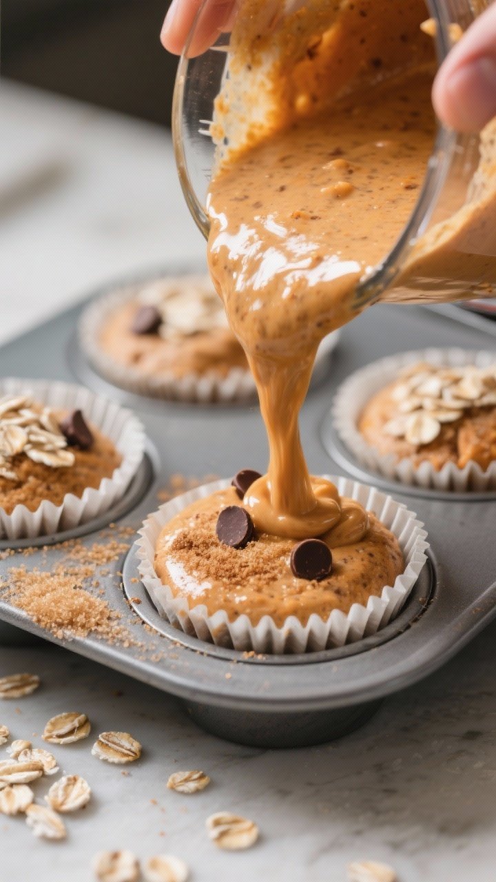 Cooking process – blender batter pour: Close-up of thick, glossy sweet potato–oat batter streami