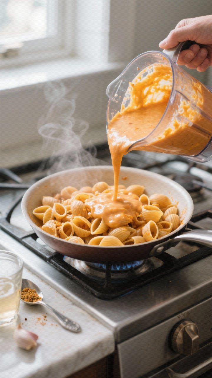 Cooking process: Blender jar filled with the blended, perfectly smooth sweet potato-cheddar-mozzarel