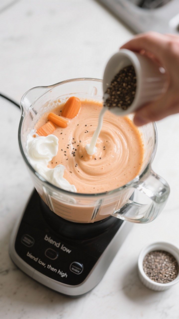 Cooking process: Blender jar loaded and blending to ultra-smooth—capturing the “blend low, then 